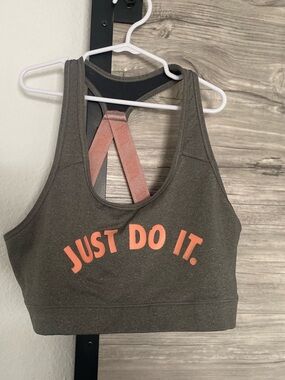 Nike grey Sports Bra with Coral 'Just Do It.' Accent